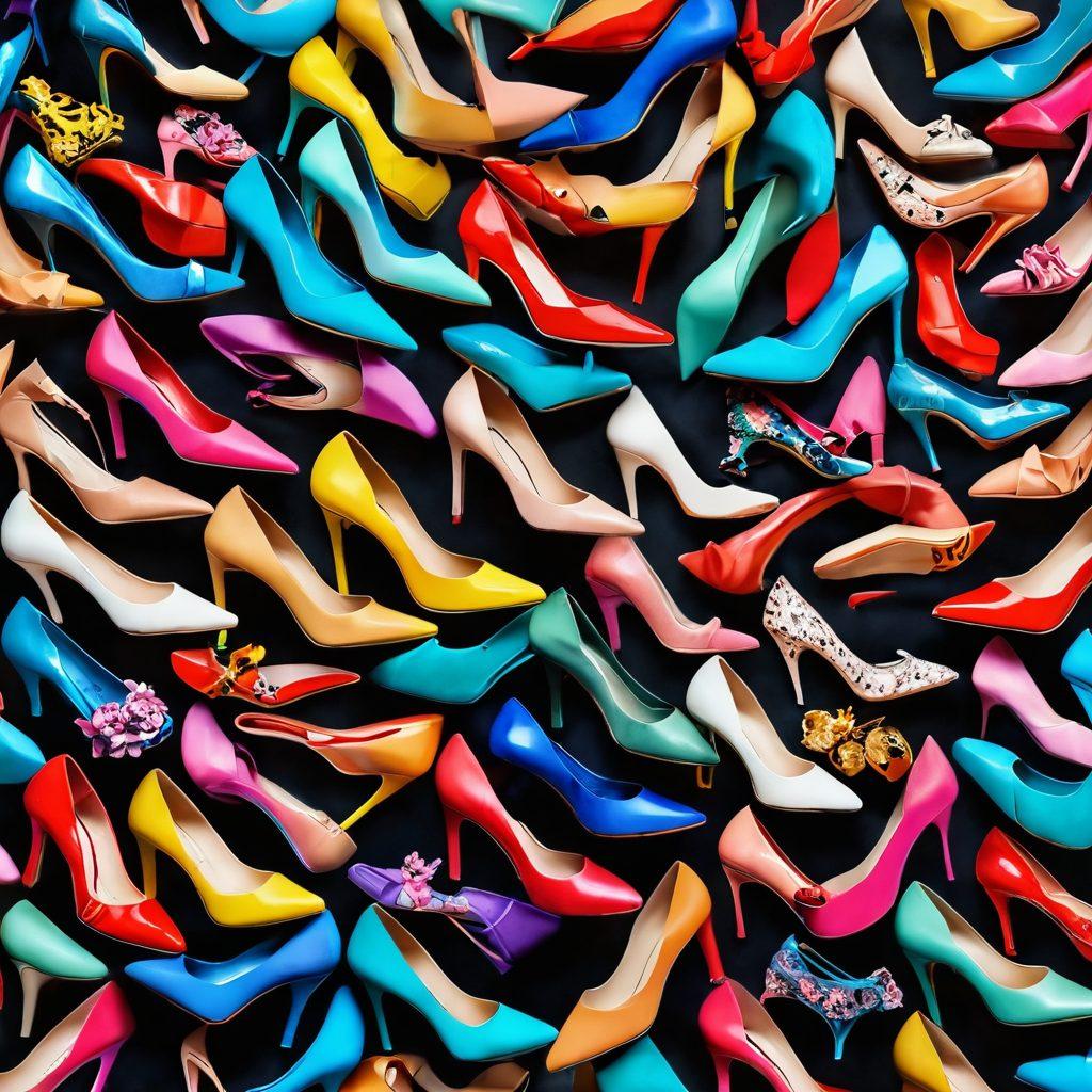 A striking display of chic footwear and sassy heels arranged artistically on a glossy surface, exuding elegance and joy. The scene is highlighted with playful pops of color from vibrant heels, surrounded by subtle floral accents for a feminine touch. A soft spotlight casts a warm glow, creating a lively yet sophisticated ambiance. High heels of various styles are showcased with a dreamy, blurred cityscape in the background. super-realistic. vibrant colors. 3D.