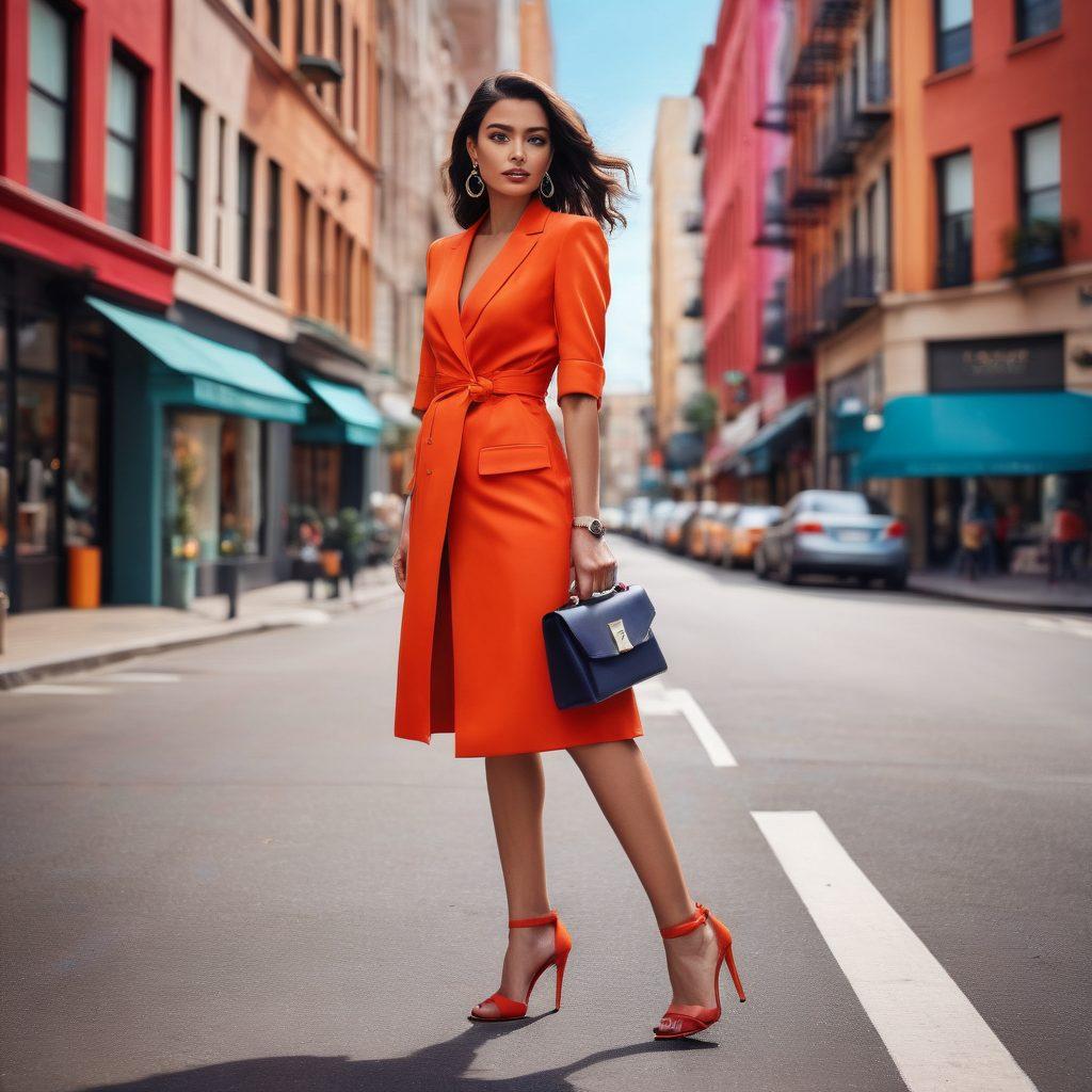 A stylish woman standing confidently on a city street, showcasing a variety of chic statement heels in vibrant colors. Surround her with a backdrop of urban elements like fashion boutiques and trendy cafes, emphasizing the glamour of women's footwear. Include a smooth gradient sky to add depth and a touch of sophistication. Incorporate fashion accessories like handbags and jewelry for a luxurious vibe. super-realistic. vibrant colors. urban background.